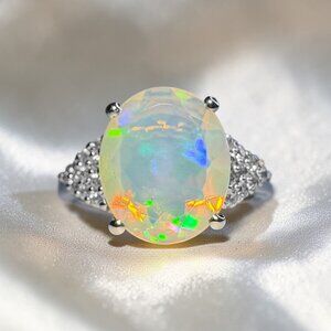 14K White Gold Natural Rainbow Opal Ring -Size 6 - Ethiopian Jelly Crystal Opal